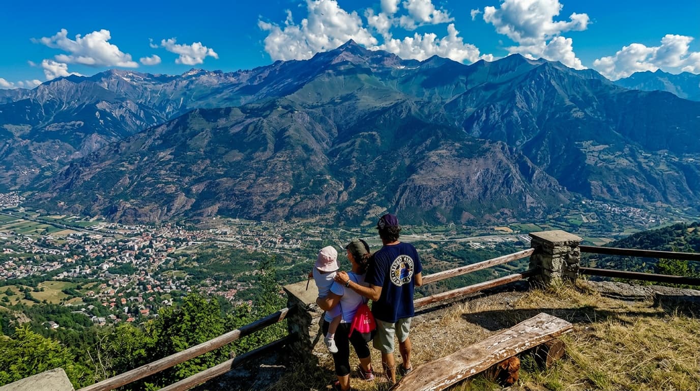 Familia viajera contemplando los Alpes