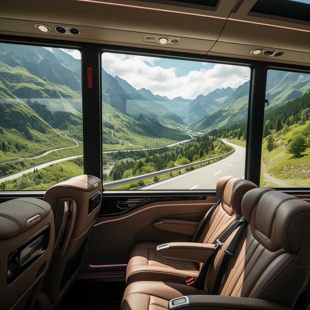 Interior de autobús de lujo con vistas panorámicas a montañas