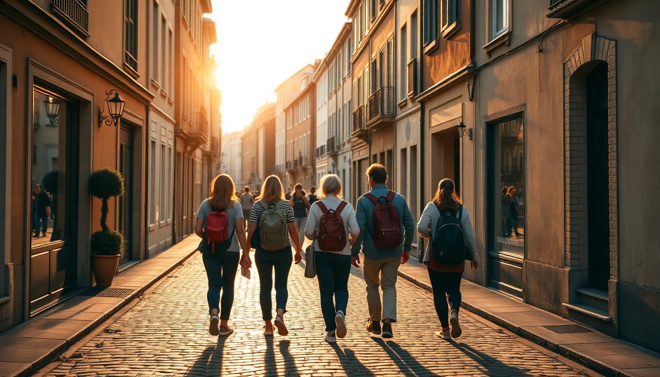 Grupo de viajeros paseando por una calle europea al atardecer