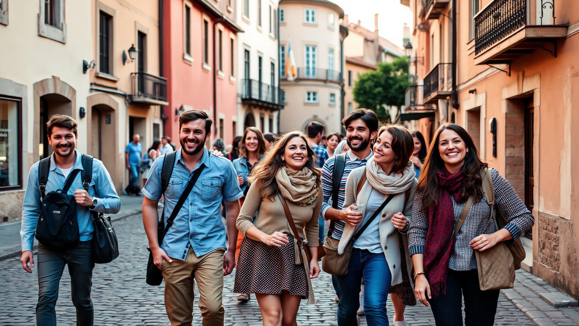 Grupo de viajeros explorando una ciudad europea juntos