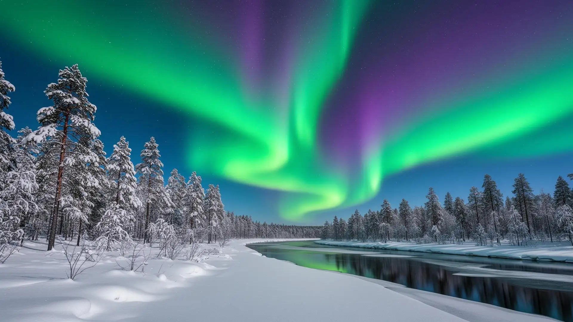 Aurora boreal sobre bosque nevado en Laponia finlandesa