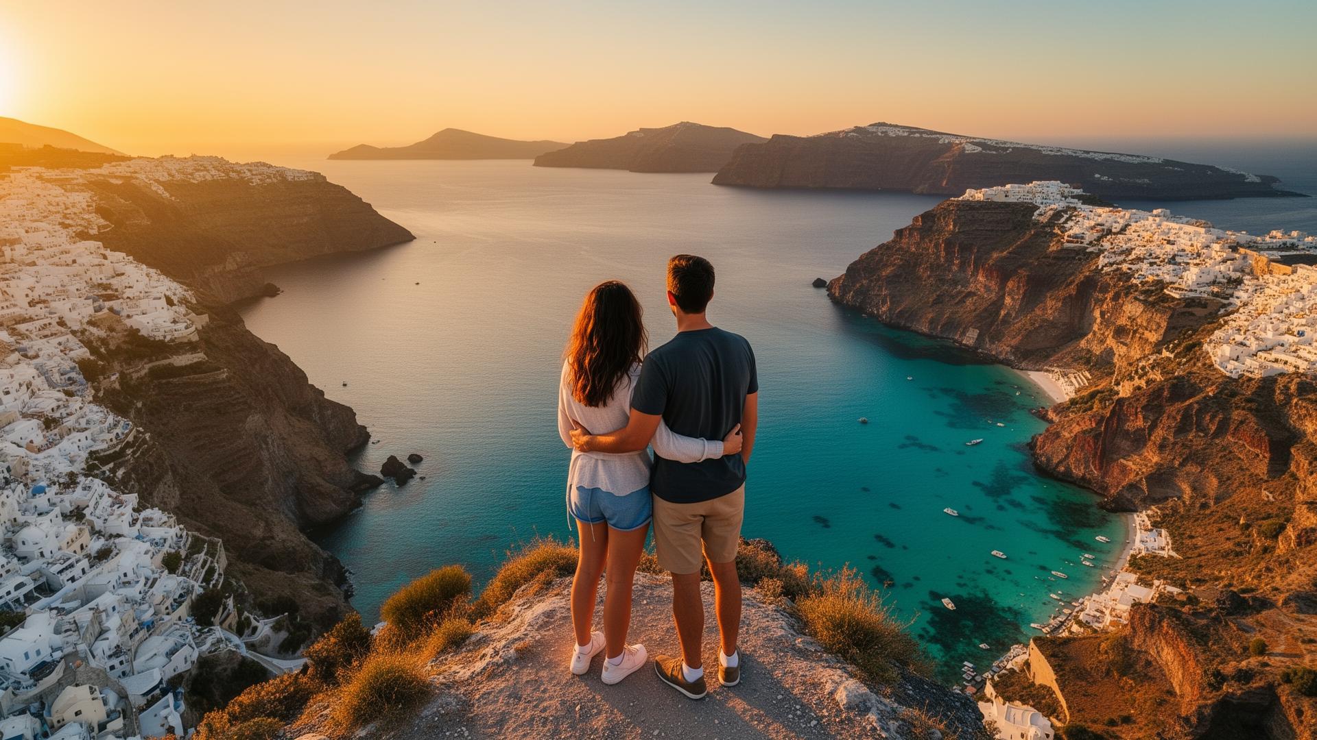 Pareja de viajeros contemplando un paisaje panorámico al atardecer