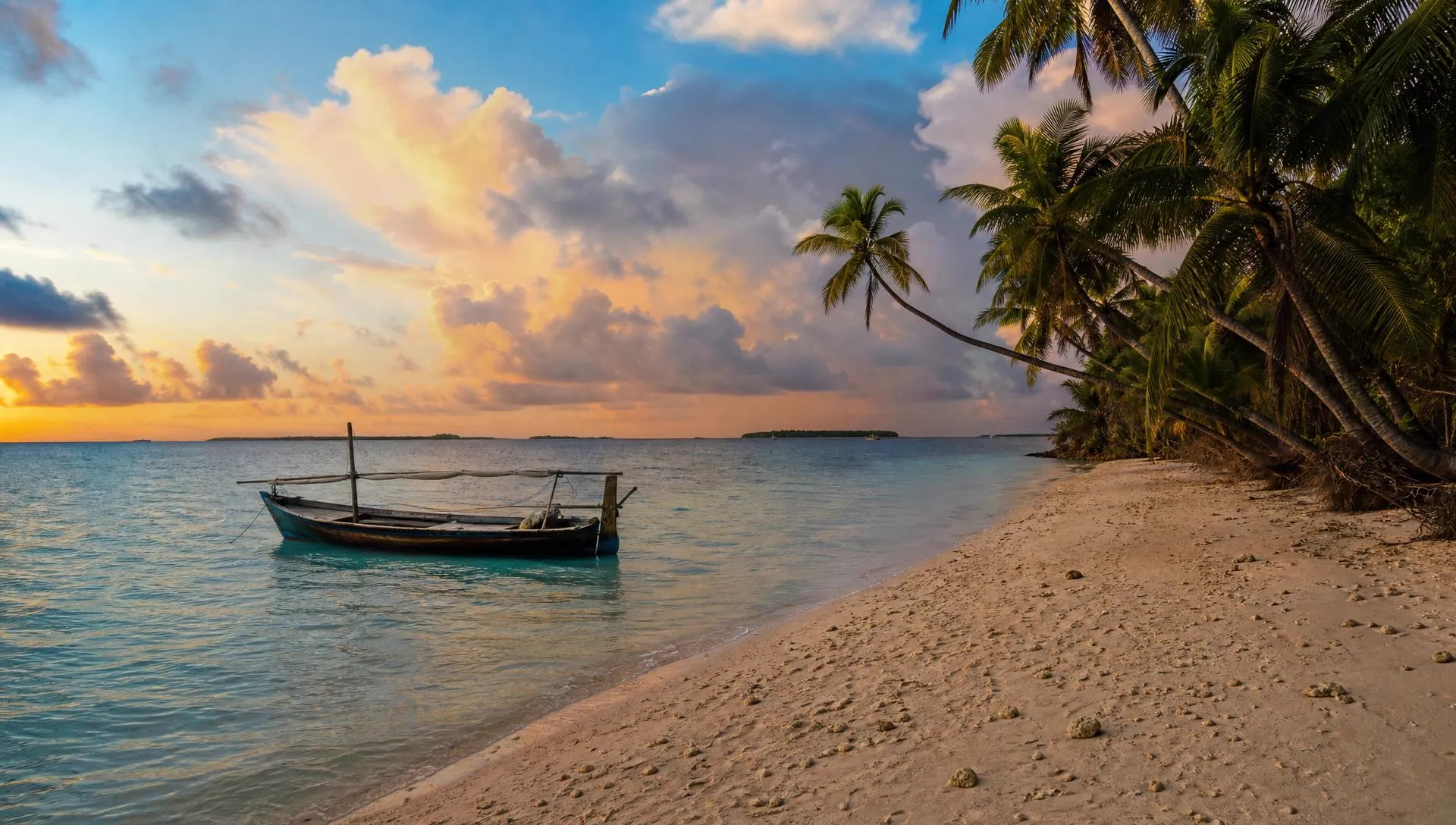 Isla local de Maldivas al atardecer con dhonis y aguas turquesa