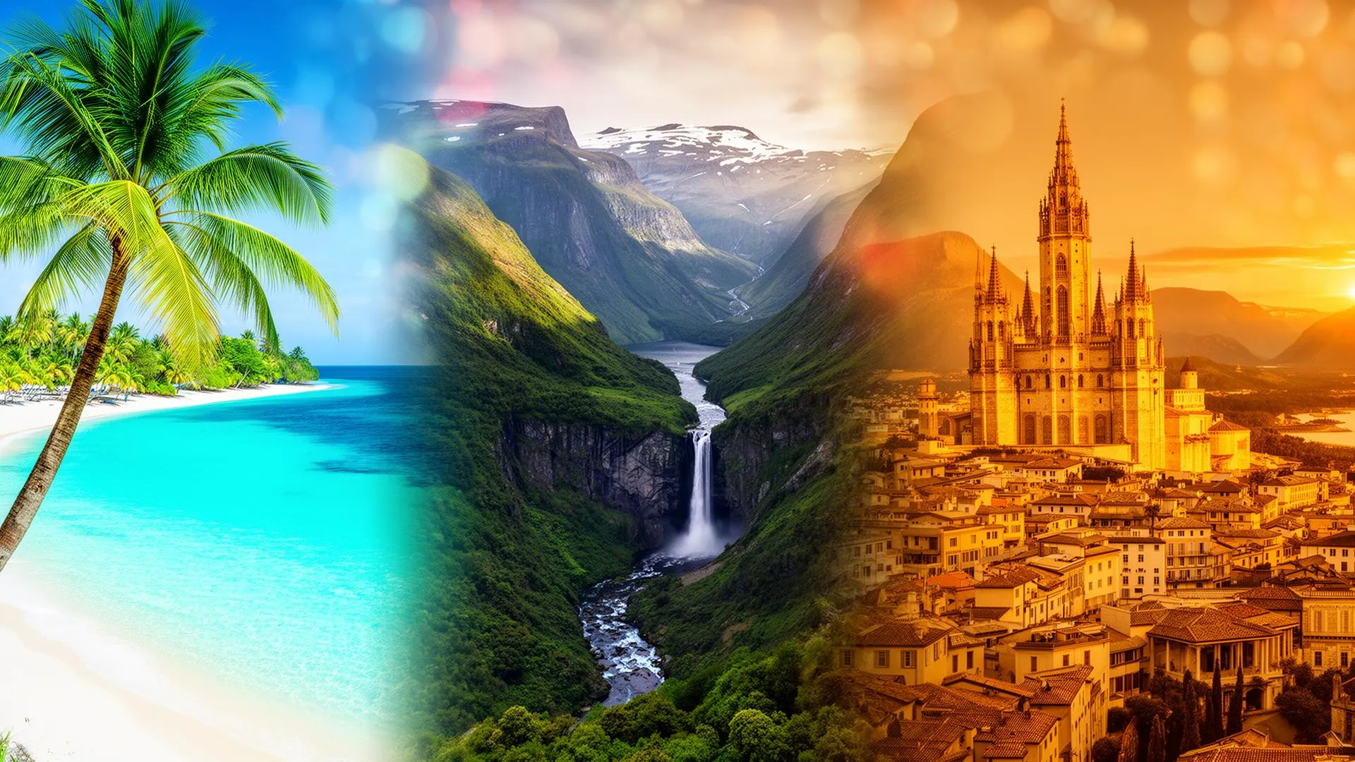 Collage de playa tropical, fiordos y arquitectura europea